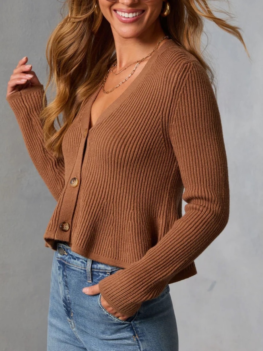 Vici Stewart Peplum Button Front Cardigan Sweater in Camel Brown Small